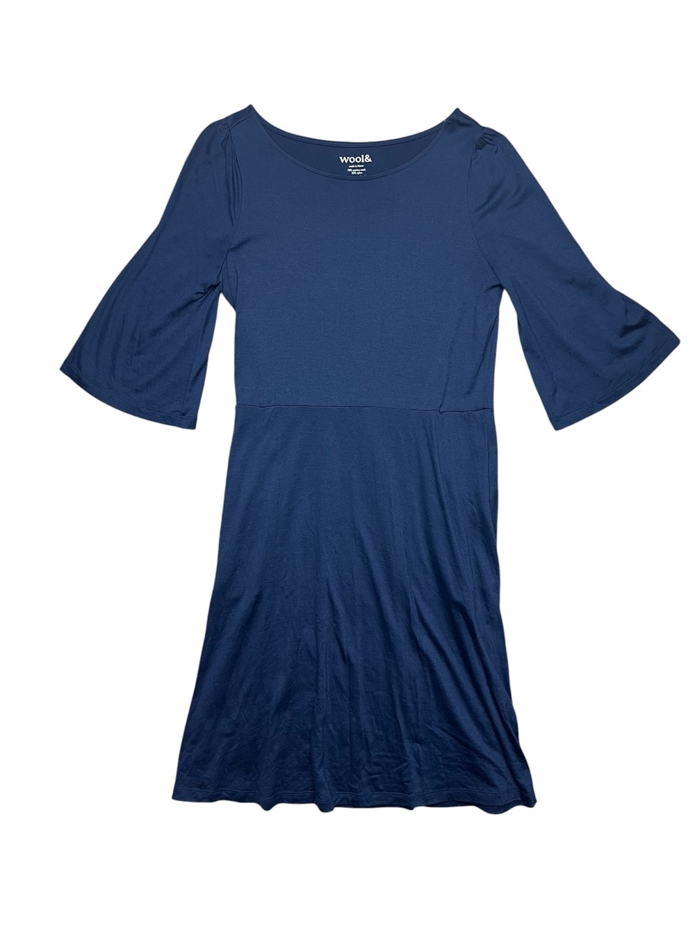 Wool& Marnie Bell Sleeve Dress Navy Blue Merino Wool Fit & Flare Size Medium